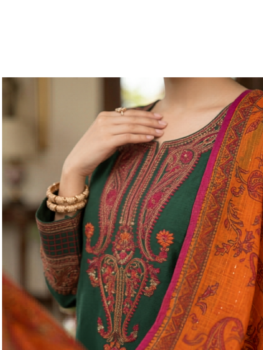 Emerald Grace – Embroidered Ensemble Lawn 3 PC Unstitch