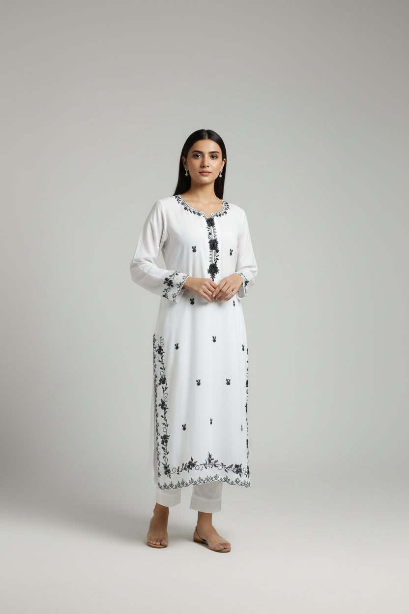 Elegant White Kurta with Intricate Black Embroidery