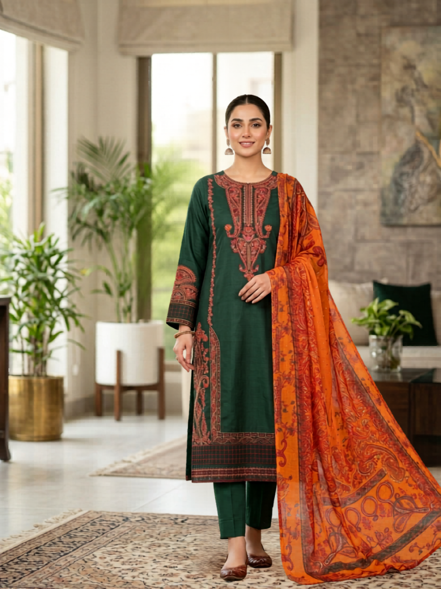 Emerald Grace – Embroidered Ensemble Lawn 3 PC Unstitch