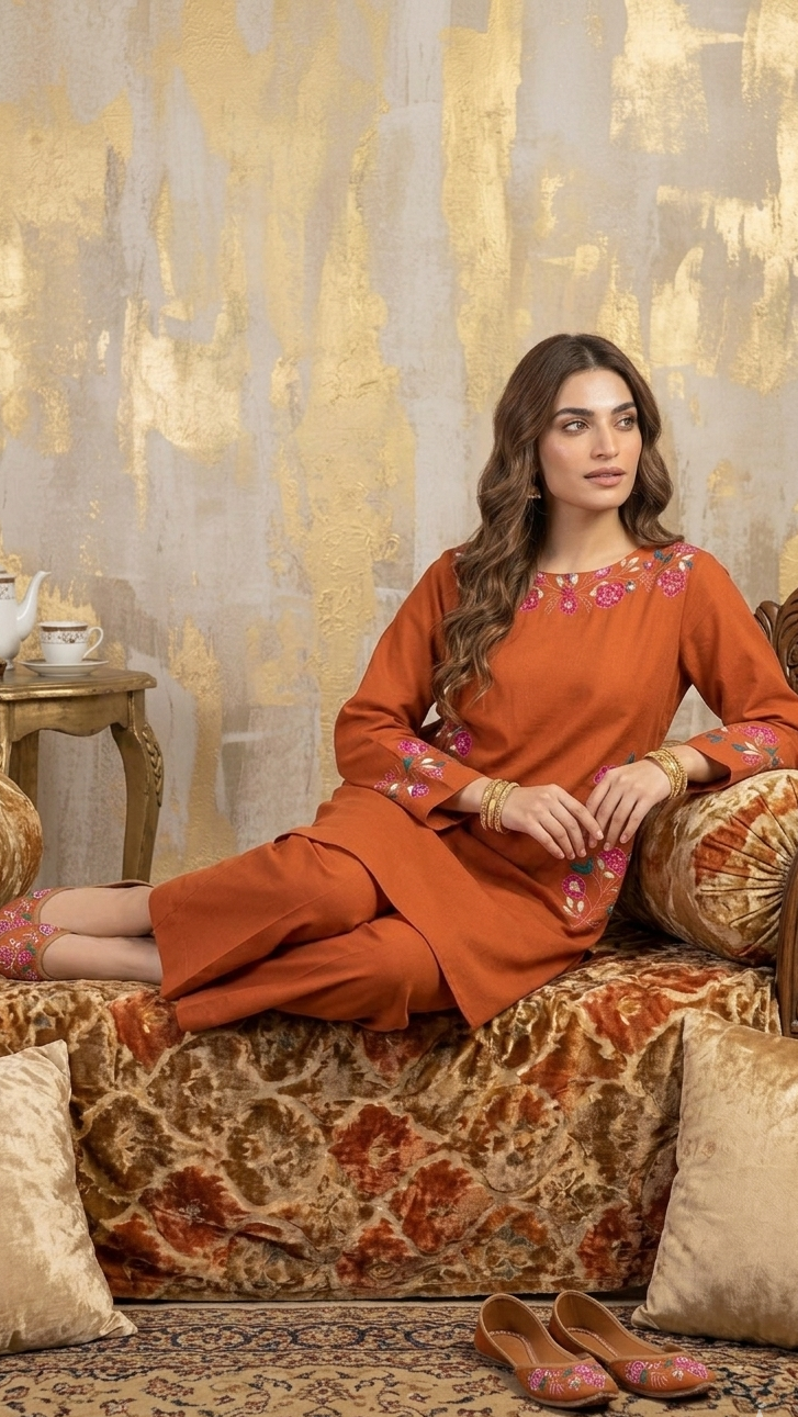 Rust Floral Embroidered Co-ord Set with Utility Pockets