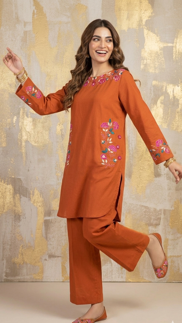 Rust Floral Embroidered Co-ord Set with Utility Pockets