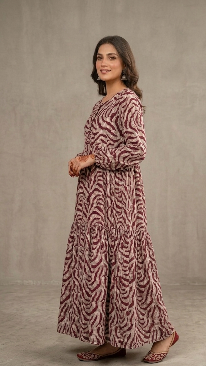 Maroon Printed Maxi Dress – Elegant Casual Wear