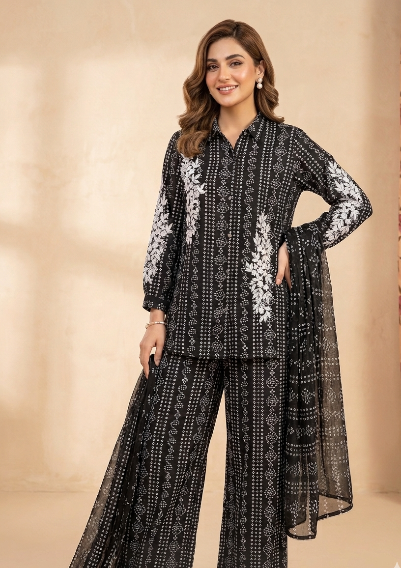 Midnight Blossom - 3 Piece Embroidered Chunri Lawn Suit
