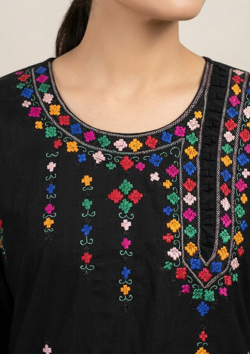 Midnight Elegance – Hand-Crafted Multicolored Phulkari Collection