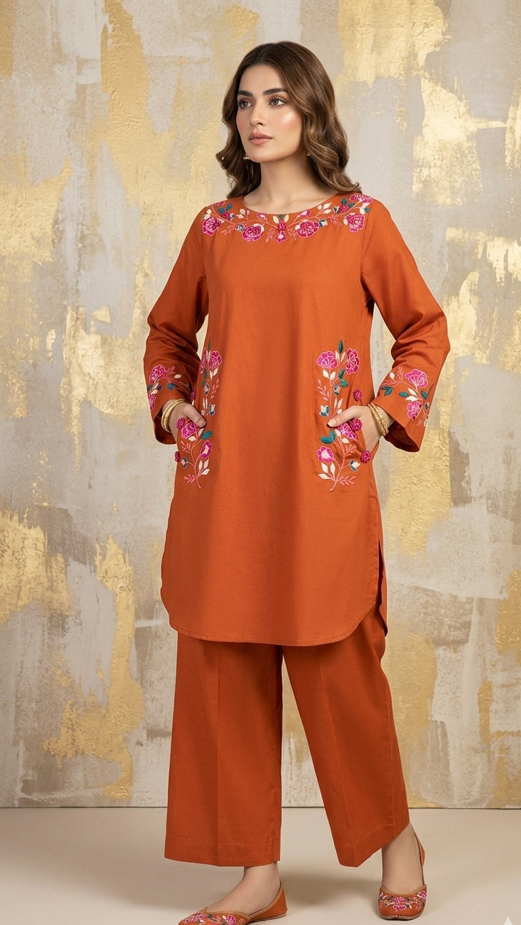 Rust Floral Embroidered Co-ord Set with Utility Pockets