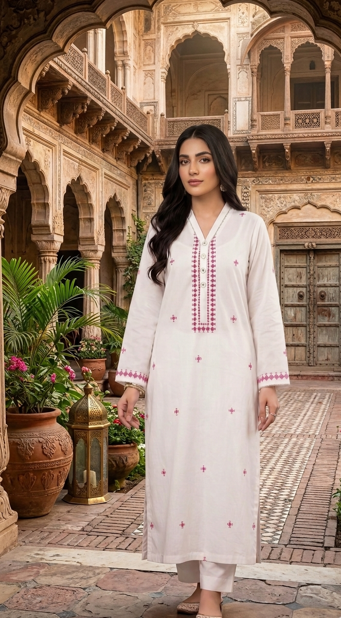 Handcrafted "Banarsi Tanka" Embroidered lawn Kurta – Pure White & Rose Pink