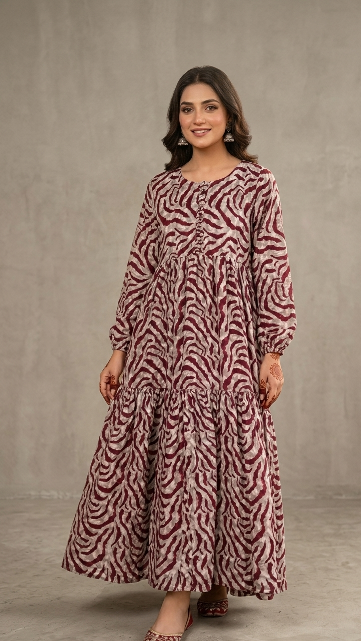 Maroon Printed Maxi Dress – Elegant Casual Wear