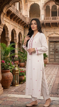 Handcrafted "Banarsi Tanka" Embroidered lawn Kurta – Pure White & Rose Pink